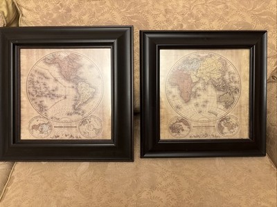 Pair of Eastern & Western Hemisphere 17'' x 17'' Framed Maps by Michelle Katz