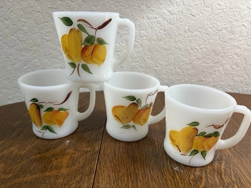 Vintage Fire-King Anchor Hocking Gay Fad Hand-Painted Fruit Mugs Set Of 4