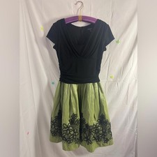 VTG Y2K SemiFormal Whimsigoth Grunge Fairy Black+Sage Midi Skater Dress Size M