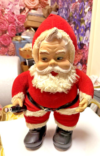 VINTAGE OLD RUSHTON STUFFED RUBBER FACE COCA COLA 15" SANTA CLAUS W COKE BOTTLE