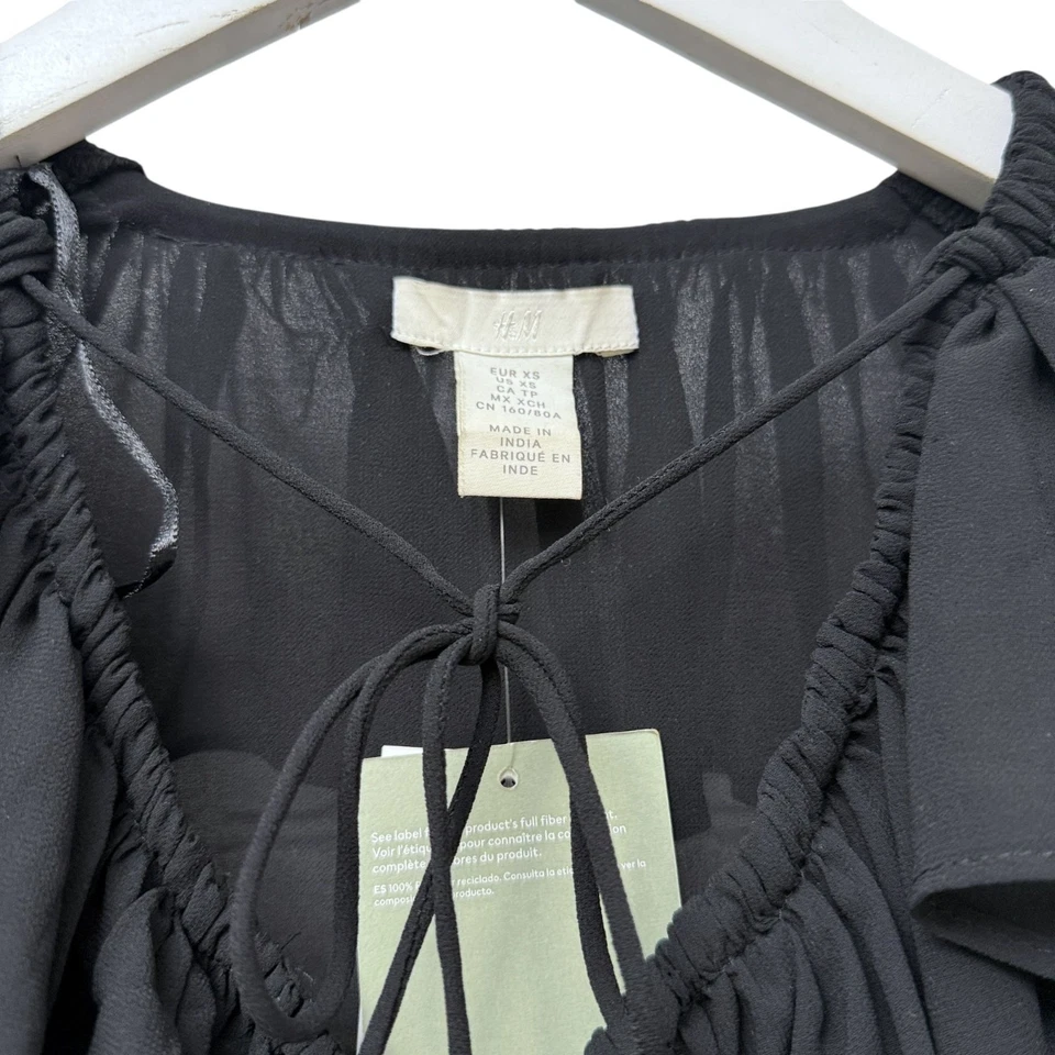 Blusa H&M Volantes Negra XS Gran Tamaño Gasa Campesino Poeta Fluido Top Nueva con Etiquetas Foto 4 de 4