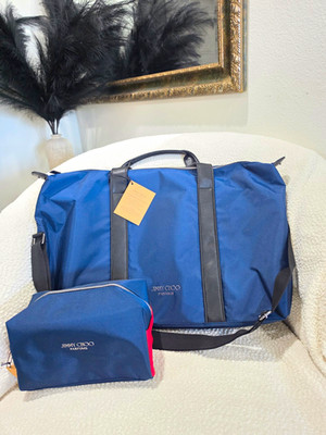 Jimmy Choo Nylon Duffle Bag Blue/Black Solid, Adjustable Strap + Tolitry Pouch.
