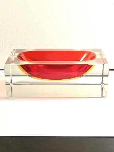 MCM Rectangular Art Glass Ashtray Red & Orange Sommerso Alessandro Mandruzzato