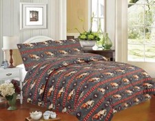 RUNNING HORSE Queen 3-Piece Quilt SET SOUTHWESTERN NAVAJO LODGE CABIN GRAY RED