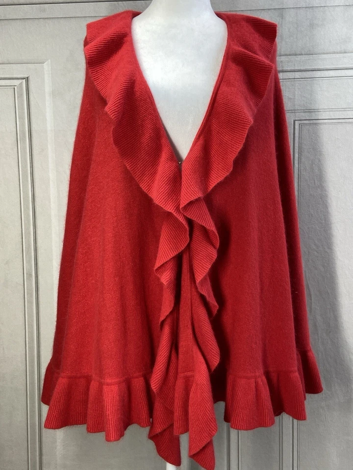 Boston Proper Pancho Mujer Rojo Frente Abierto Volantes Angora Capa Envoltura Romántico Foto 2 de 4