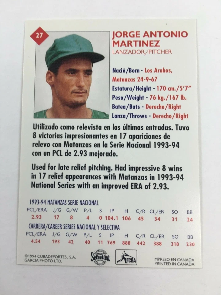 1994 Cuba Cuban Select #27 Jorge Antonio Martinez (Occidentales) LB12 - Image 2 of 2