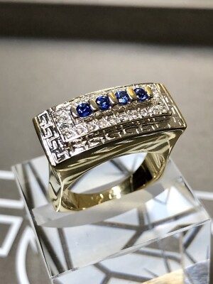 18K zweifarbiger Diamant griechischer Schlüssel Saphir europäischer Schaft Cocktail Ring Größe 8
