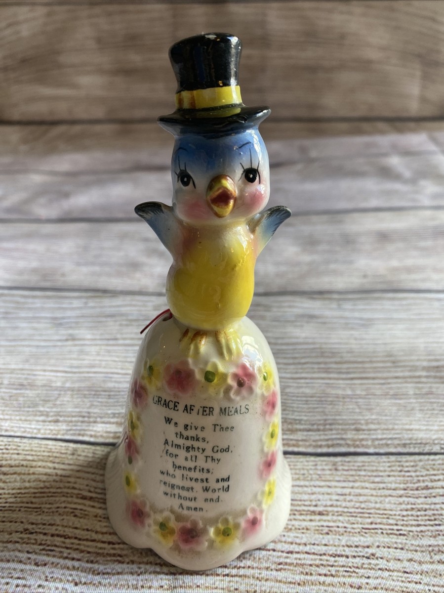 VTG Anthropomorphic Blue Bird Robin w/Top Hat Grace After Meals Prayer Bell