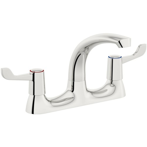 Modern Dual Lever Chrome Kitchen Sink Mixer Taps 2 Hole Deck Mounted Tap Faucet - Picture 3 of 4