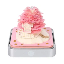 NNEDSZ Pink Tree House 3D Paper Sculpture Night Light with Notepad, Silver Base