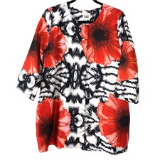 Luii Red/black/white Bold Poppy Print Textured 3/4 Sleeve Snap Up Swing Jacket M