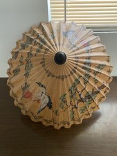 Antique Asian Rice Paper Bamboo Umbrella Parasol With Hand Drawn Motifs