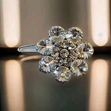 Clear Rivoli Round Rhinestones Figural Flower Silver Tone Hair Barrette