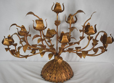 LARGE MID-CENTURY ITALIAN FLORENTINE TOLE GILT ROSES CANDELABRA