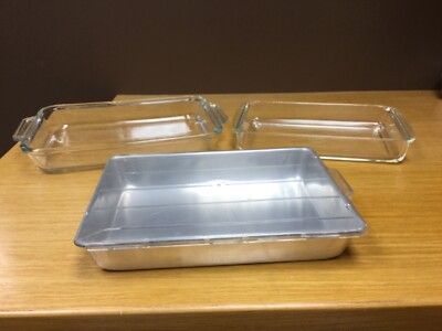 3 pcs. of Rectangle Ovenware Baking Dishes- Pyrex - Anchor - Aluminum Ware w/Lid