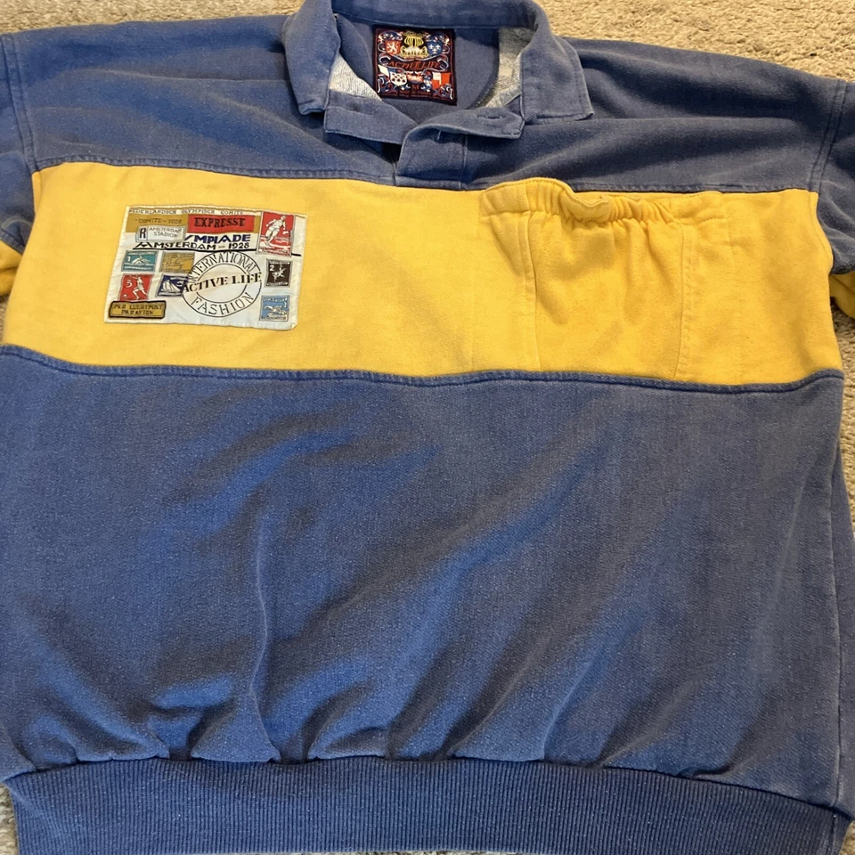 Polo de rugby Active Life vintage azul e amarelo manga longa M - Imagem 2 de 4