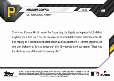 Konnor Griffin RC Debut 1st AB is RBI Double 2026 MLB Topps NOW
