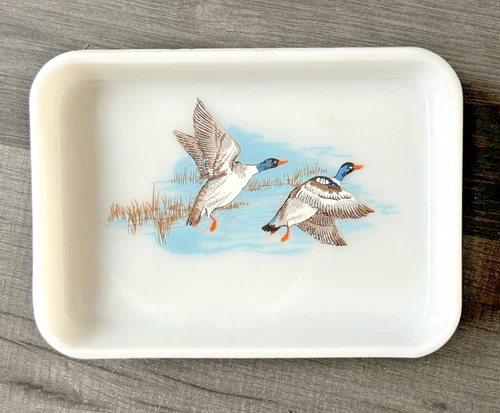 Vintage JAJ Pyrex Wild Geese Ducks Flying Rectangular Dish Tray Milk Glass Duck