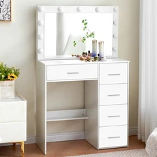 5 Drawers Large Mirror Dressing Table With 3 Color LED Mirrow Mode White US