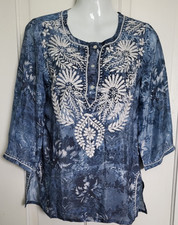Soft Surroundings Tunic Top Blue Foral White Embroidery Boho Blouse Women's PXS