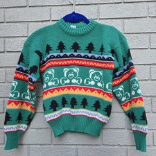 Vintage Italian Kids Sweater 80s Teddy Bear Knit Green Pattern Jumper S/M