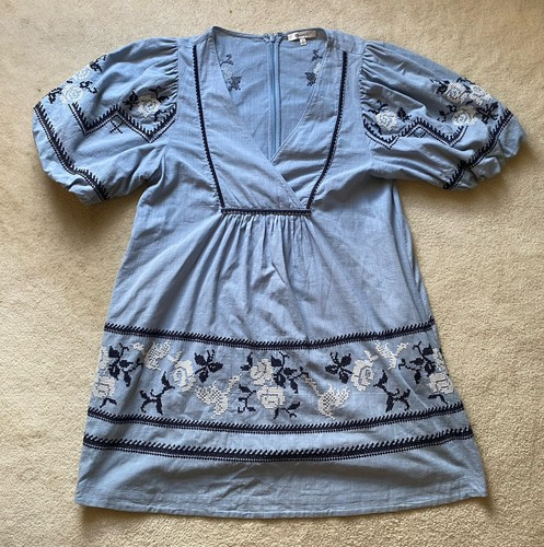 Madewell Embroidered Puff-Sleeve Babydoll Shift Dress V-Neck Blue Size 4 Boho