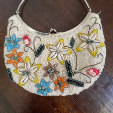 Beaded VTG Boho Handbag Clutch Silver Clasp Florals Hand-sewn Shells  Stones
