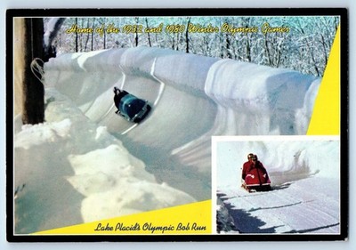 1960 Lake Placid New York Postcard Two-Man Sled Zooming Down Hovenburg Olympic