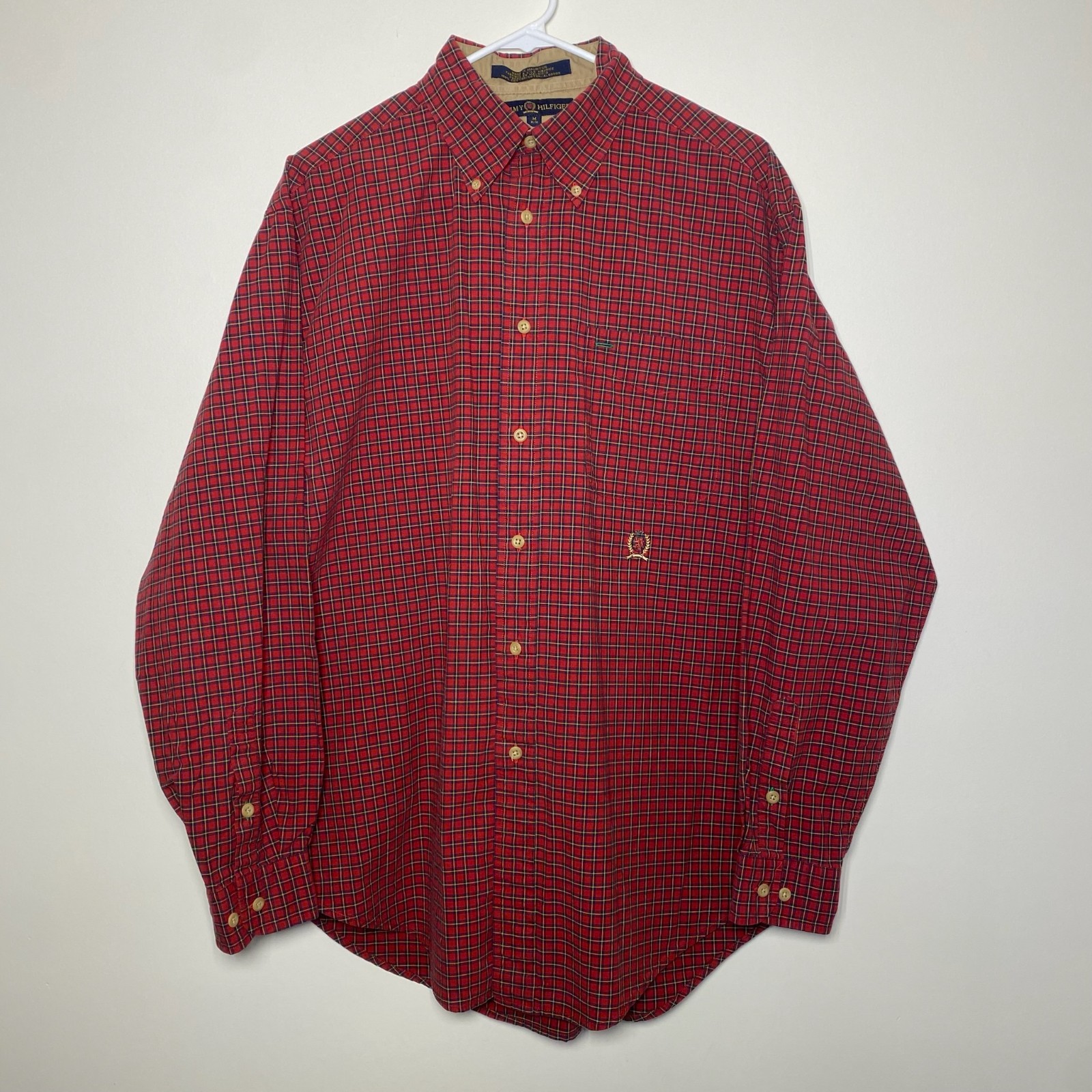 Vintage Tommy Hilfiger Men’s M Button Down Lion Crest Plaid Checkered Preppy 90s