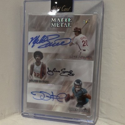 Wild Card Matte Metal 1/1 Triple Auto M.Schmidt DR J, Jalen Hurts Philly Special