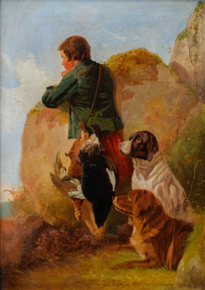 Pintura al óleo deportiva británica del siglo XIX | Cazador con perros y juego, marco antiguo Foto 3 de 4