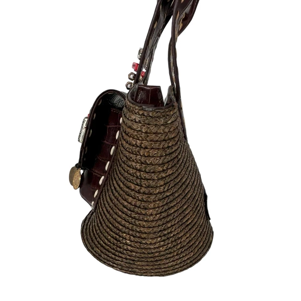 Vintage 60s Braccialini Straw Leather Purse Coins Beaded Mid Century Tote Preppy - Image 4 of 4