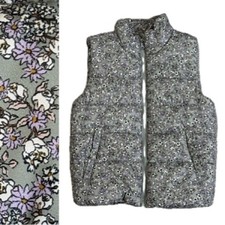 H M Kids Floral Print Full Zip Puffer Vest Girls Size 6X/7 Grey White Lilac