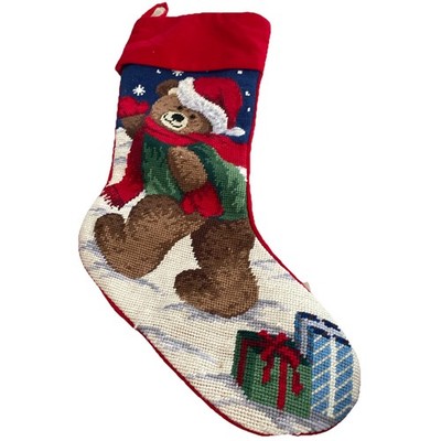 Needlepoint Big 23  Christmas Stocking  Macys Bear Gifts Snowflakes 