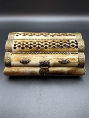 Vintage Camel Bone Jewelry Trinket Box with Brass Accents