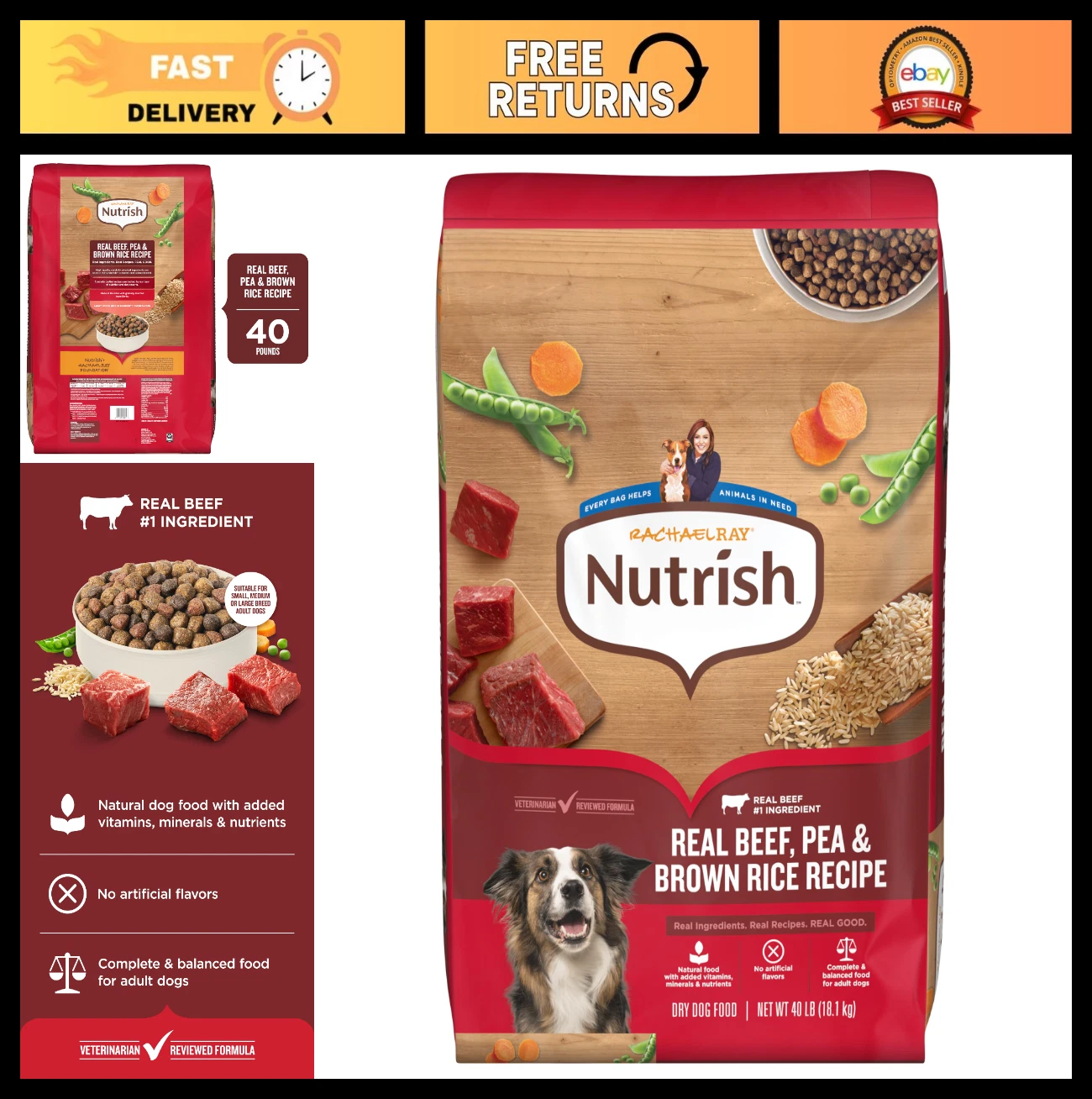 Premium Adult Dry Dog Food - Real Beef, Pea & Brown Rice Recipe, 40 lb Bag