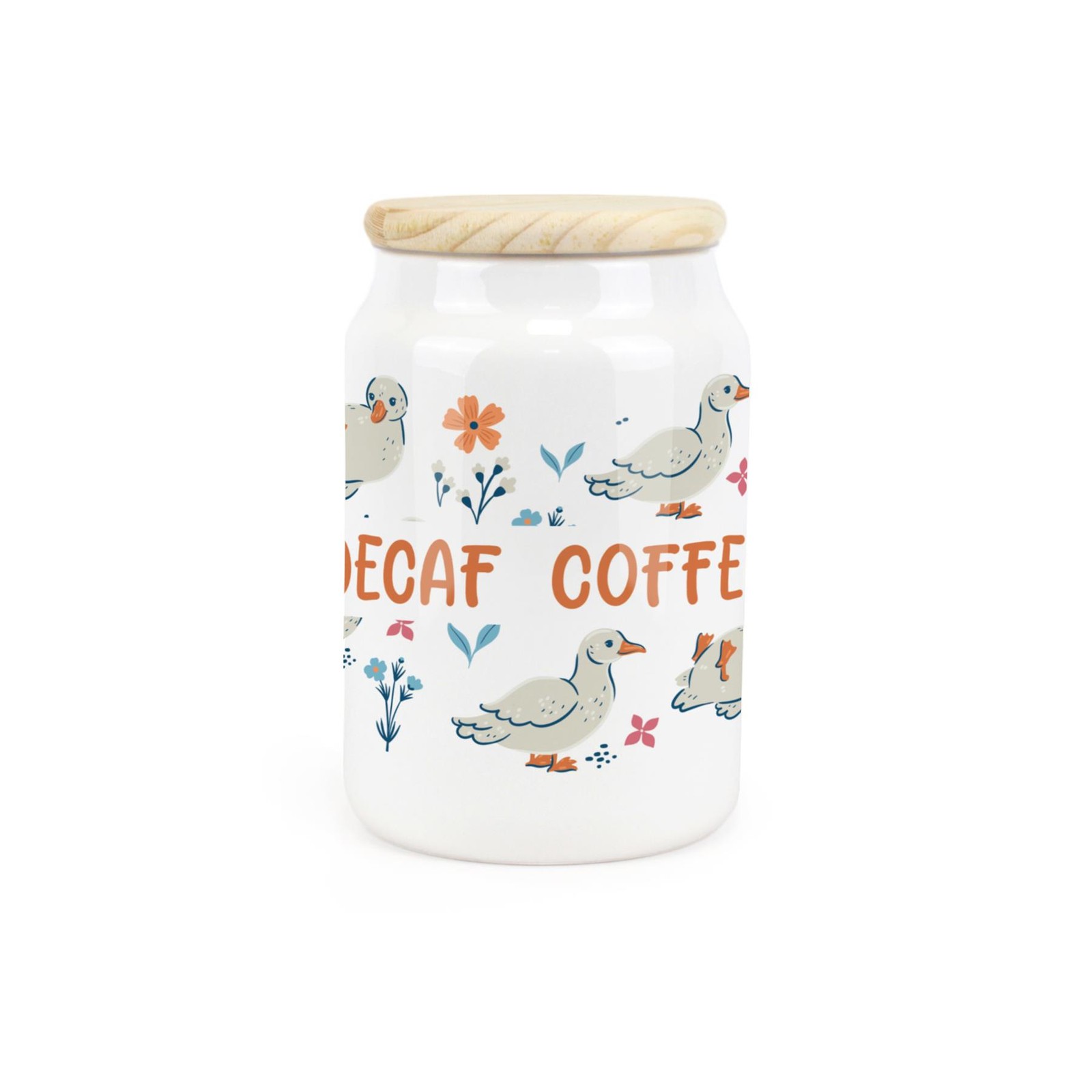 Ceramic Tapered Ducks & Flowers Canister - Decaf Coffee Storage Container