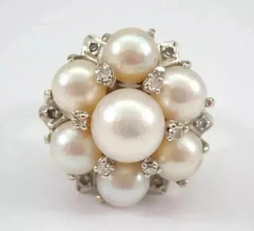 Natural Pearl 2.80Ct Round Cut Vintage Estate Cluster Ring 14K White Gold Plated
