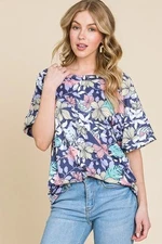 BOMBOM Floral Round Neck Short Sleeve T-Shirt