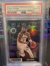 2019 Panini Hoops Premium Kyrie Irving Lights Camera Action Purple Prizm PSA 10
