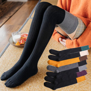 Womens Girls Black Thigh High Socks Plus Size Striped Over Knee High Socks Winter Warm Extra Soft Long Knit Wool Leg Warmers