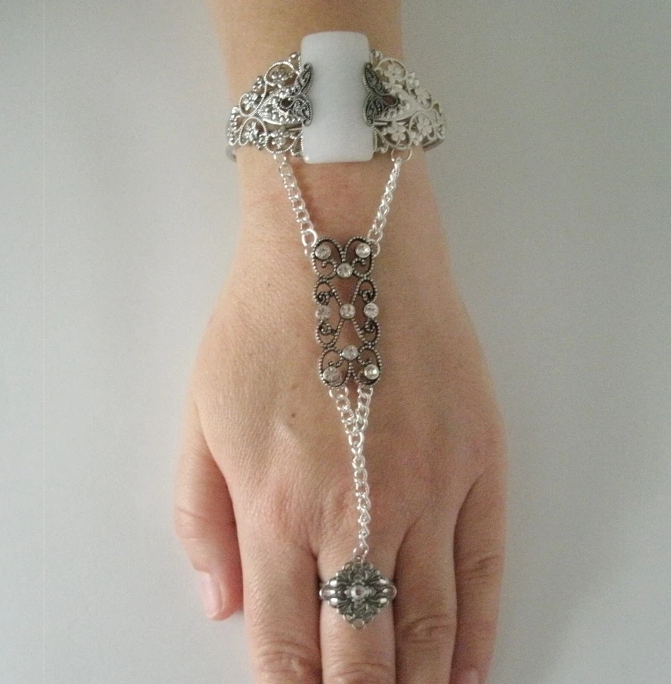 Pulsera Esclava Cadena Mano Boho Medieval Renacimiento Piedra Lunar Gótica Art Deco Foto 2 de 4