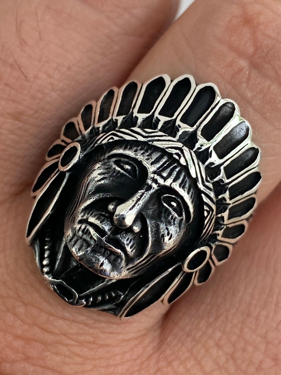 Mens Real Solid 925 Sterling Silver Large Indian Head Chief Biker