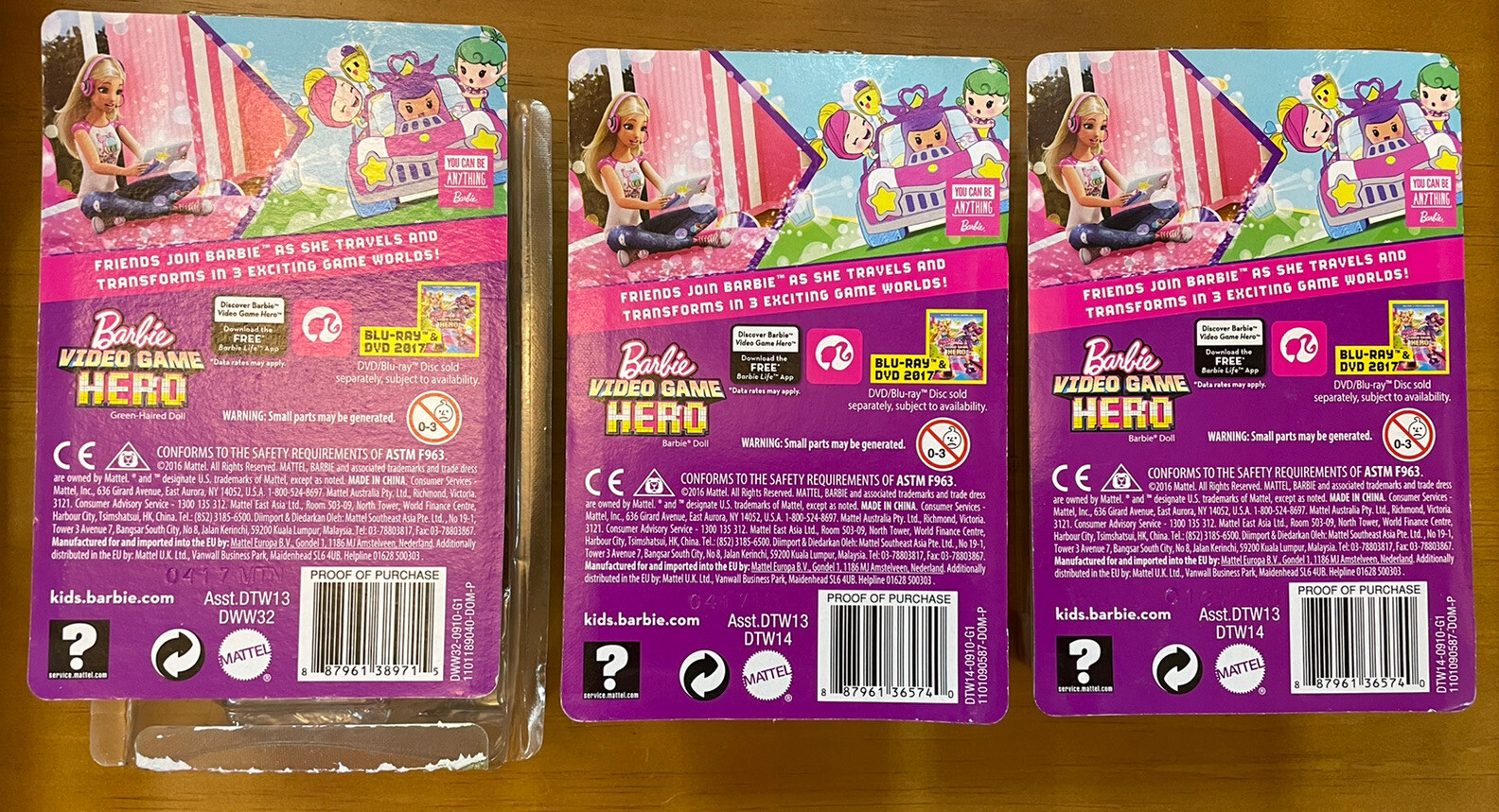 Barbie Video Game Hero Set of 3 Dolls Yellow & Pink Hair & Green - New Condition