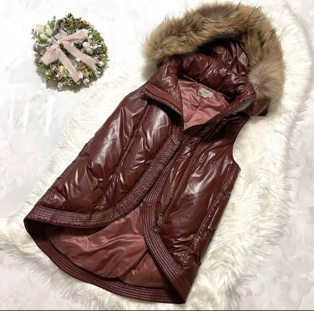 HELMUT LANG Hoodie Fur Asymmetry Down Vest Jacket Women Size S Red