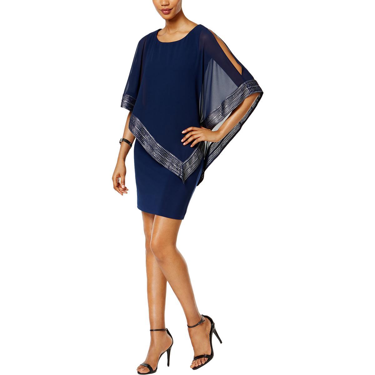 SLNY Womens Navy Foil Trim Cape Party Sheath Dress 10 BHFO 5854