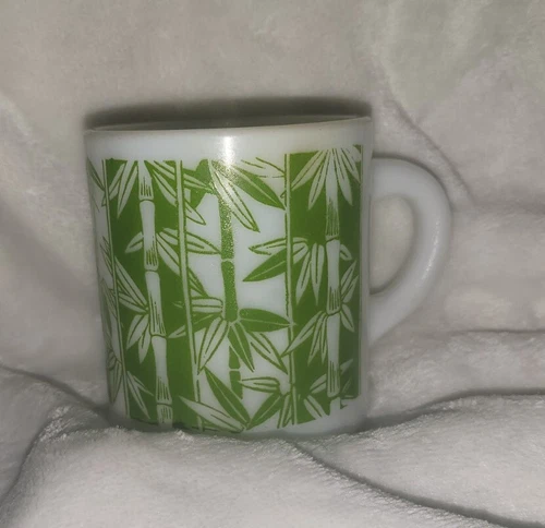 Hazel Atlas Milk Glass Platonite Mug / Coffee Cup Green Bamboo Design Vintage