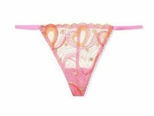 VICTORIA'S SECRET SHEER MESH EMBROIDERED PINK HEARTS V-STRING THONG PANTY MEDIUM