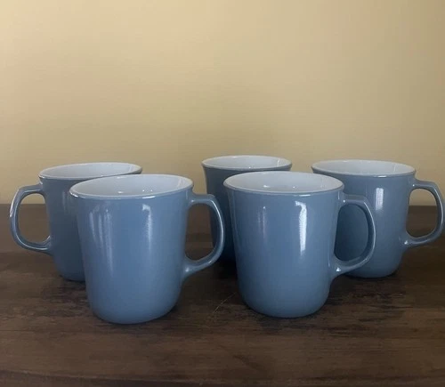 Vintage Pyrex Set of 5 Slate Blue Coffee Mugs Milk Glass Interior D-Handles