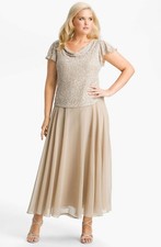 J Kara Sequin Flutter Sleeve Bodice Chiffon Gown Sz 10 Champagne